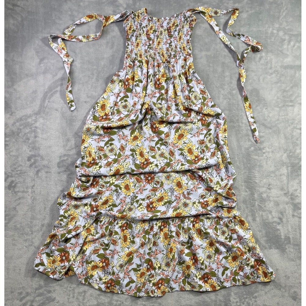 No Comment NY LA Sunflower Floral Smocked Maxi Dress Blue Yellow Boho Medium
